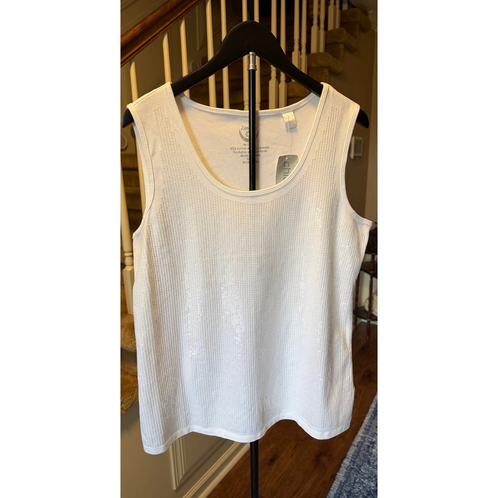 Chicos Zenergy Sassy Sequin Tank Top Optic White Ribbed Knit Size 2 NEW
